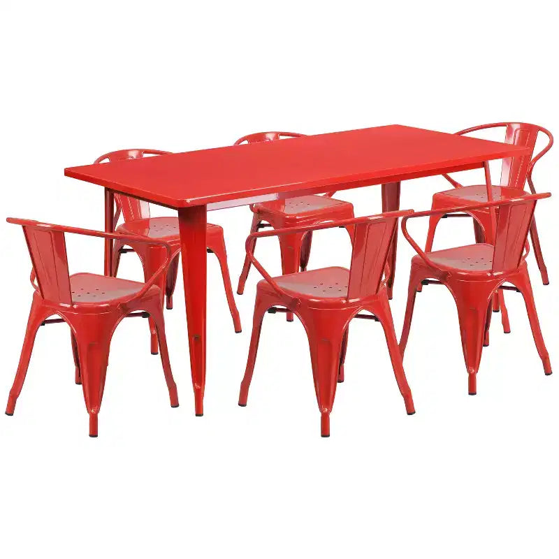 Flash Furniture Commercial Grade 31.5 x 63 Rectangular Metal Indoor-Outdoor Table Set with 6 Arm Chairs