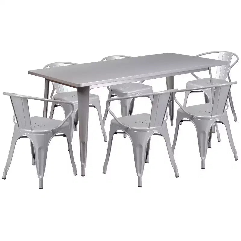 Flash Furniture Commercial Grade 31.5 x 63 Rectangular Metal Indoor-Outdoor Table Set with 6 Arm Chairs