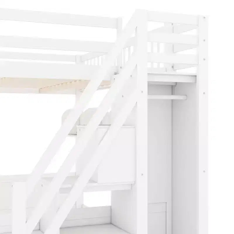 Queen Loft Bed Frame with Staircase, Wardrobe & Storage Shelves - MDF, 650 lb