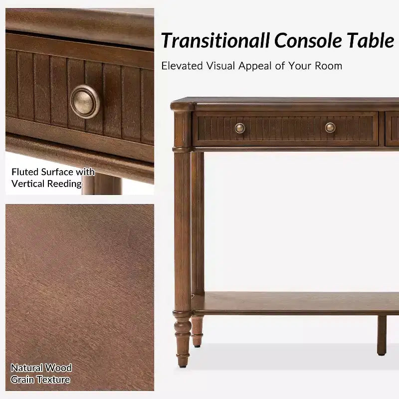 47.2 Walnut Console Table with 2 Fluted Drawers & Lower Shelf