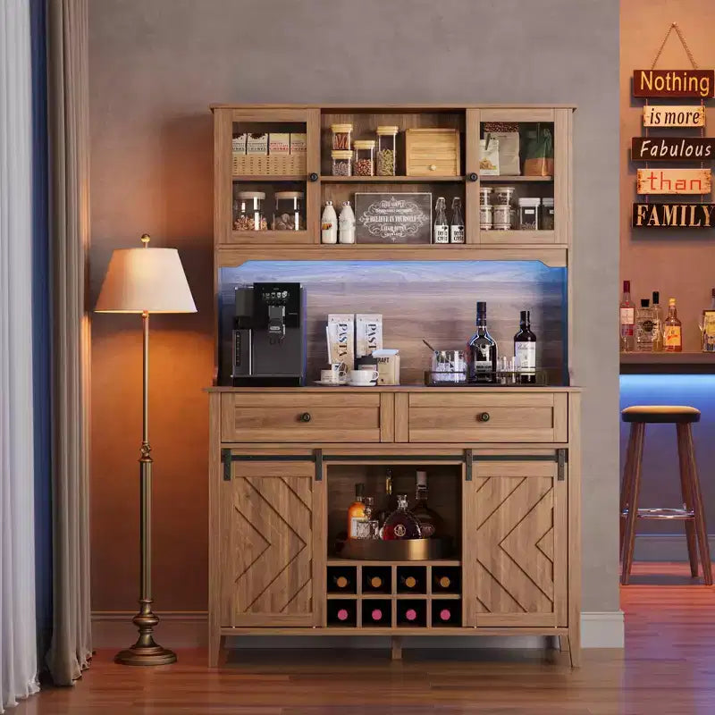 72 Farmhouse Bar Cabinet with Sliding Barn Door  Large Kitchen Buffet with Hutch, Charging Station, 2 Drawers & 8 Storage Shelves  Coffee