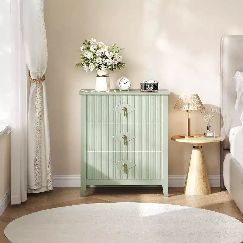 2Pcs Fluted Wood Nightstands, 27.5 Wide 3-Drawer Dresser Set, Modern Bedside Tables, Chest of Drawers for Bedroom, Living Room