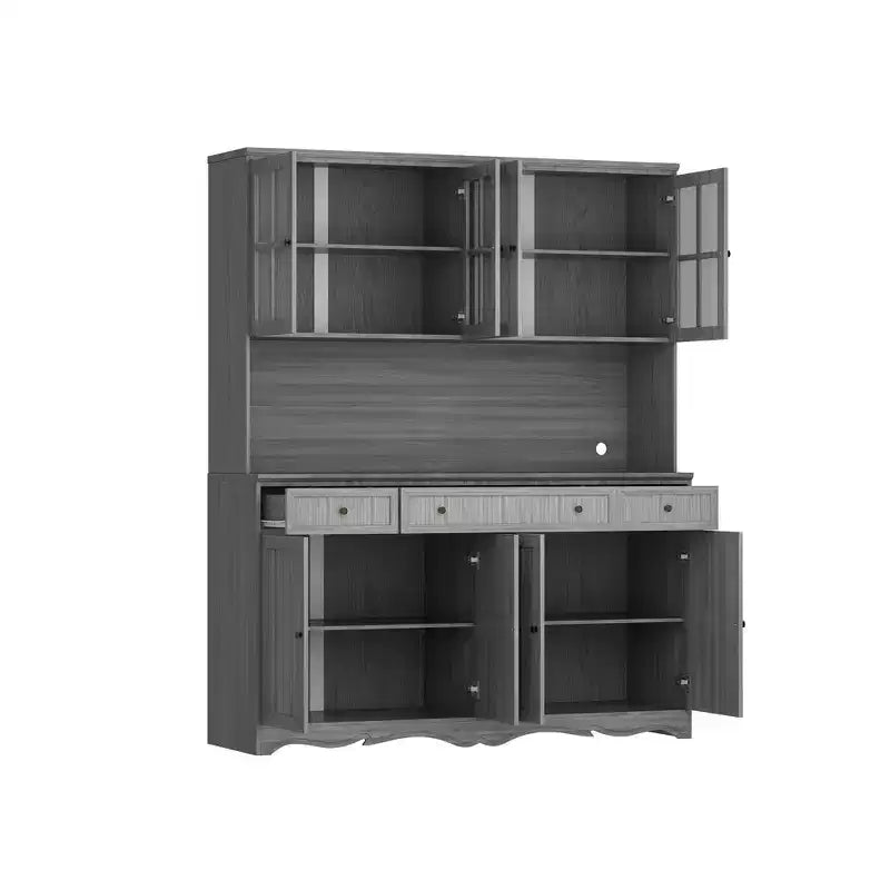 Famapy 61.2W Gray Storage Cabinet Buffet Hutch Kitchen Pantry Cabinet with Ornate Base Trim: Blend of Elegance and Utility