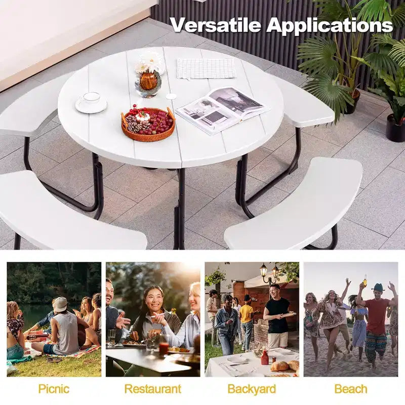 Costway Outdoor 8-person Round Picnic Table Bench Set with 4 Benches & Umbrella Hole Black/Grey/Green/White