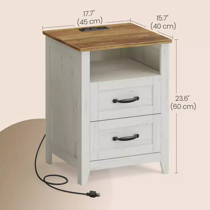 Set of 2 Farmhouse Nightstands with USB Charging - 2-Drawer Bedside Tables, Rustic Modern Design