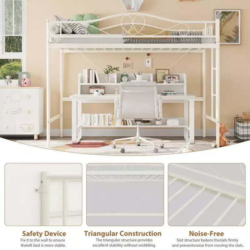 Lit mezzanine double avec échelle amovible et garde-corps de sécurité intégral, lit mezzanine double avec cadre en métal robuste d'une capacité de 180 kg, gain de place.