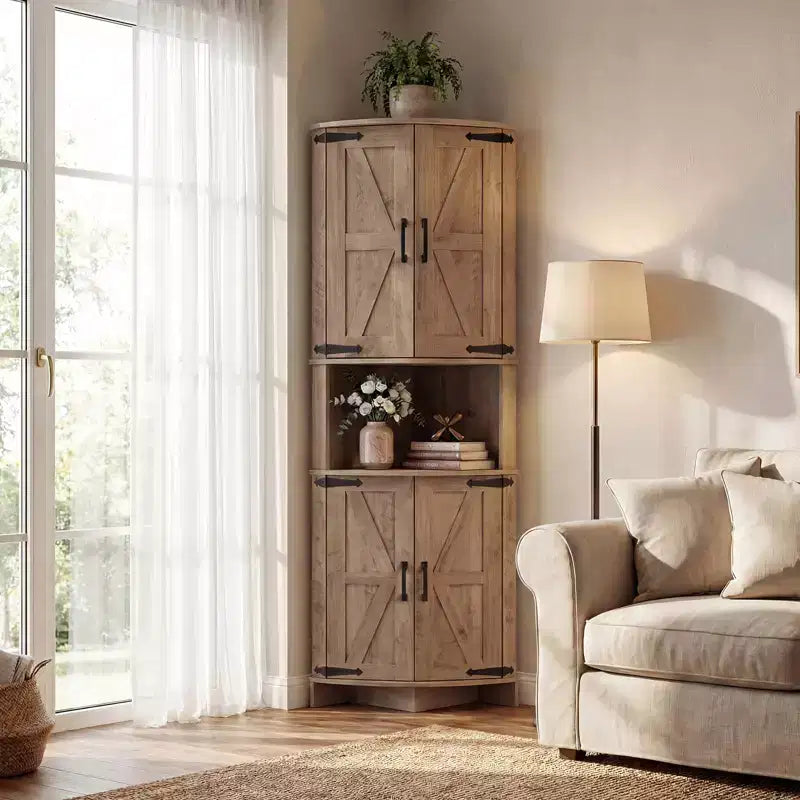 64.8 Tall Corner Cabinet with Doors, Brown Farmhouse Corner Storage Cabinet, Freestanding Corner Pantry Cabinet with Adjustable Shelves