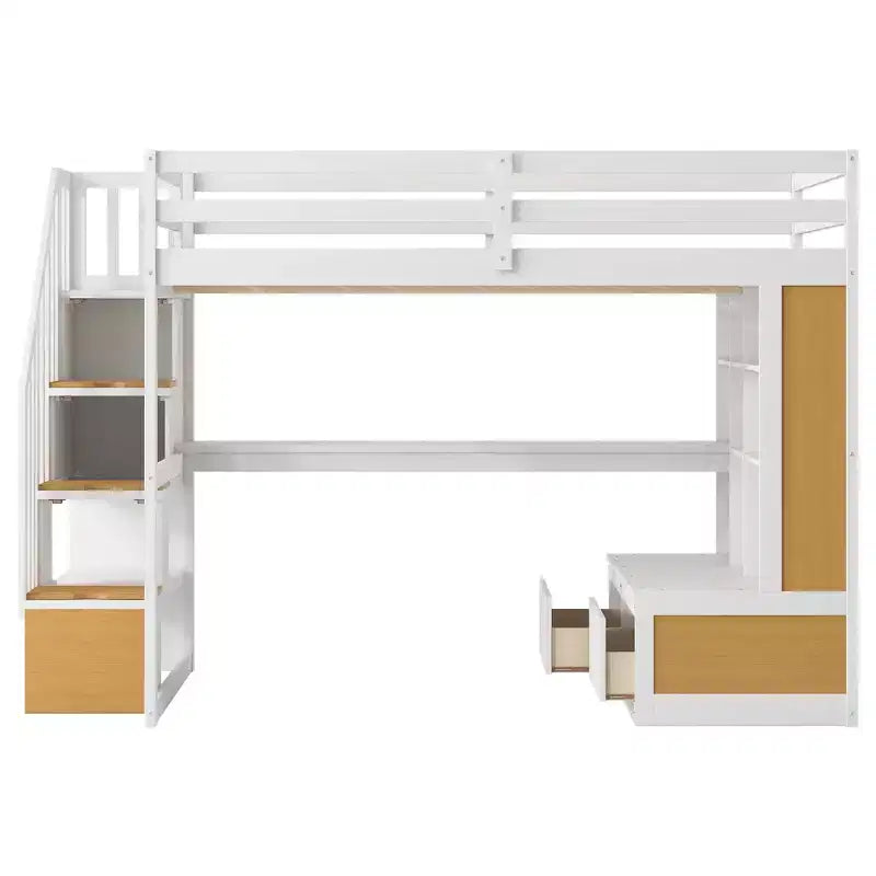 Full Size Loft Bed with Stairs and Desk, Wood Loft Beds Frame with Storage Drawers and Bookcase Shelves for Adults Teens Kids