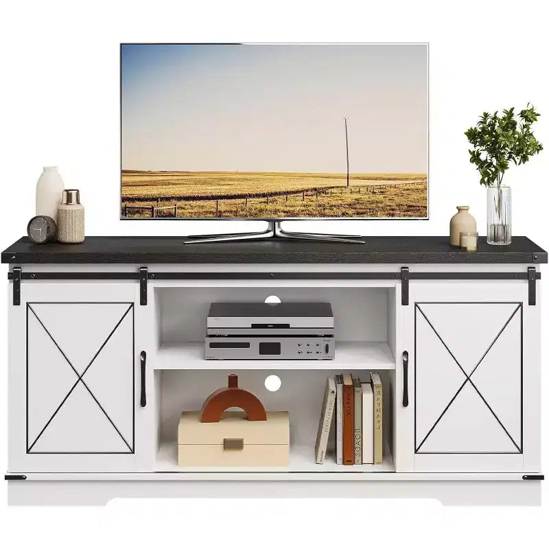 Farmhouse TV Stand for TVs Up to 65, Entertainment Center with Sliding Barn Doors & Storage Cabinets, Media Console Table for Living Room, Bedroom
