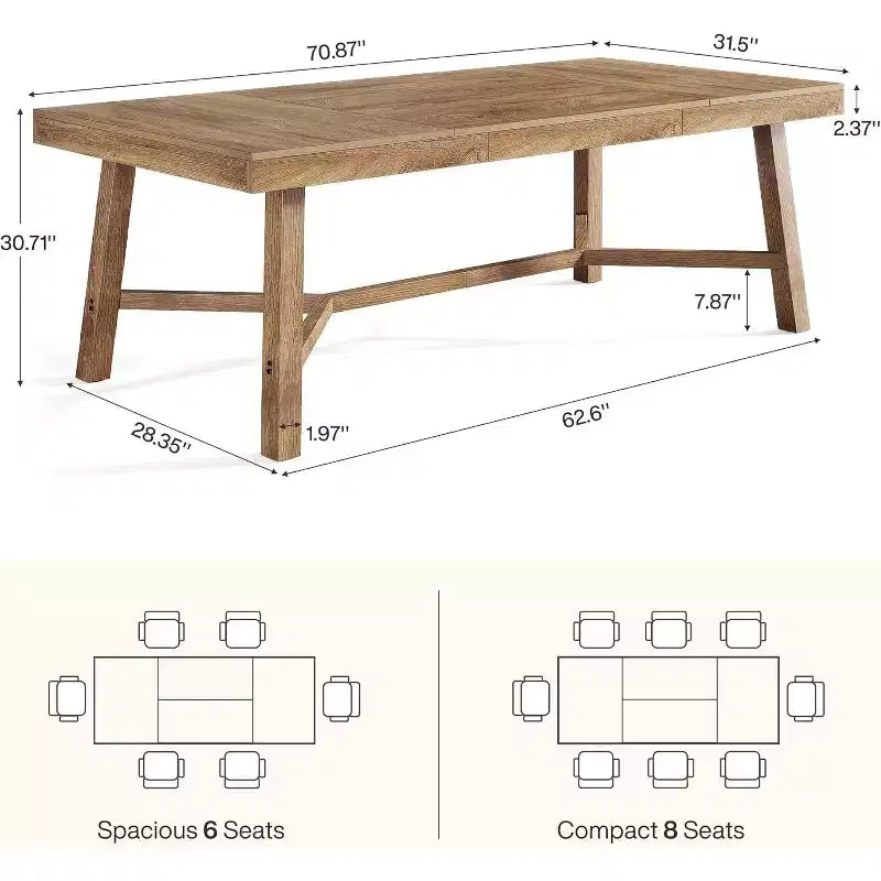 70.9-Inch Farmhouse Dining Table for 6-8, Large Rectangle Kitchen Table with Reinforced Legs, Natural
