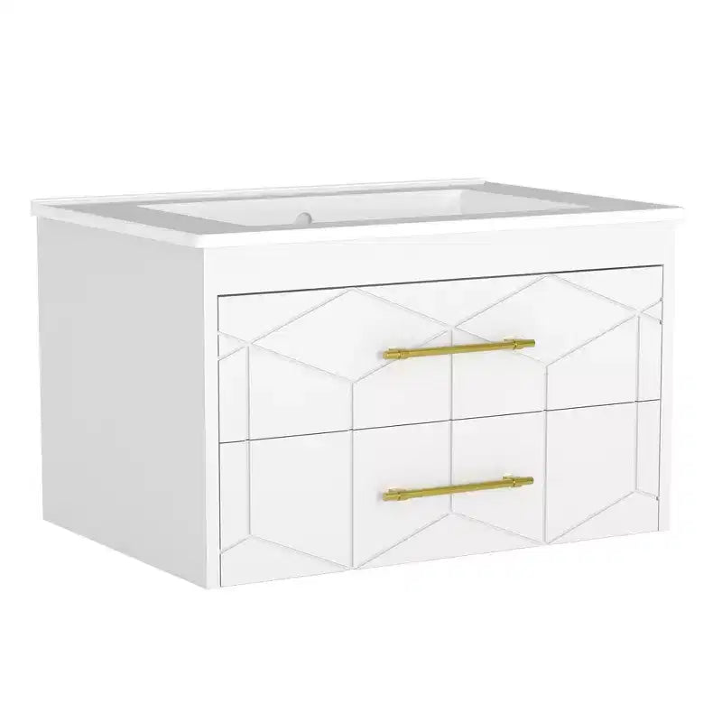 Modern Floating Bathroom Vanity Set with Basin - Wall-Mounted Cabinet with Soft-Close Storage Drawer and Gold Handle, 24 or 30 Size