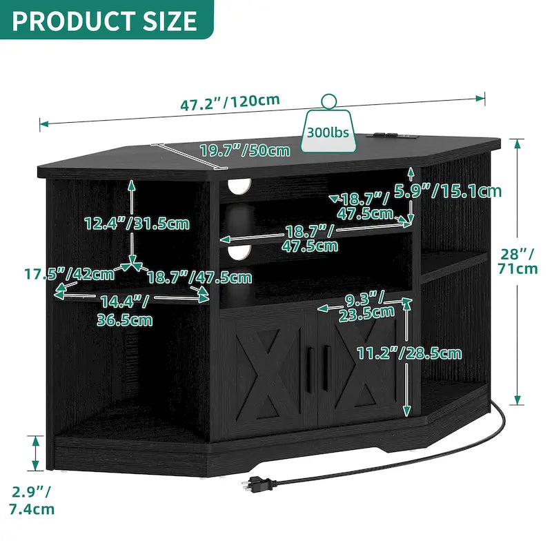 Farmhouse Corner TV Stand Entertainment Center Media Console for TVs up to 55 with Power Outlet