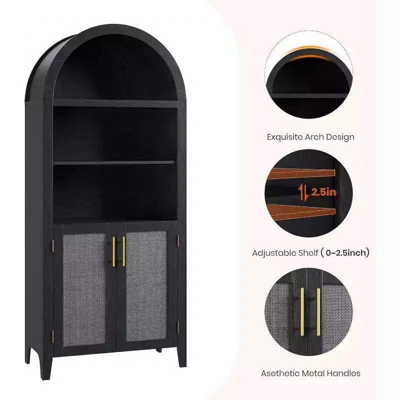 Acekool Arched Pantry Cabinet with Rattan Doors, 5-Tier Farmhouse Storage Cabinet for Kitchen Dining Living Room