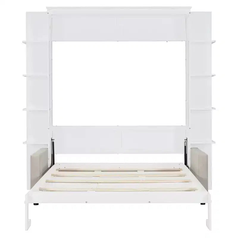 Queen Murphy Bed Wall Bed with Sofa, Queen Size Cabinet Bed Folding Wall Bed with Bookshelf and Shelves for Guest Room Office