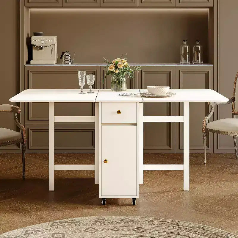 ATJafurn 59 Foldable Dining Table with Drop Leaves for Small Space, Rectangular Wooden Extendable kitchen Table with Wheels and Storage
