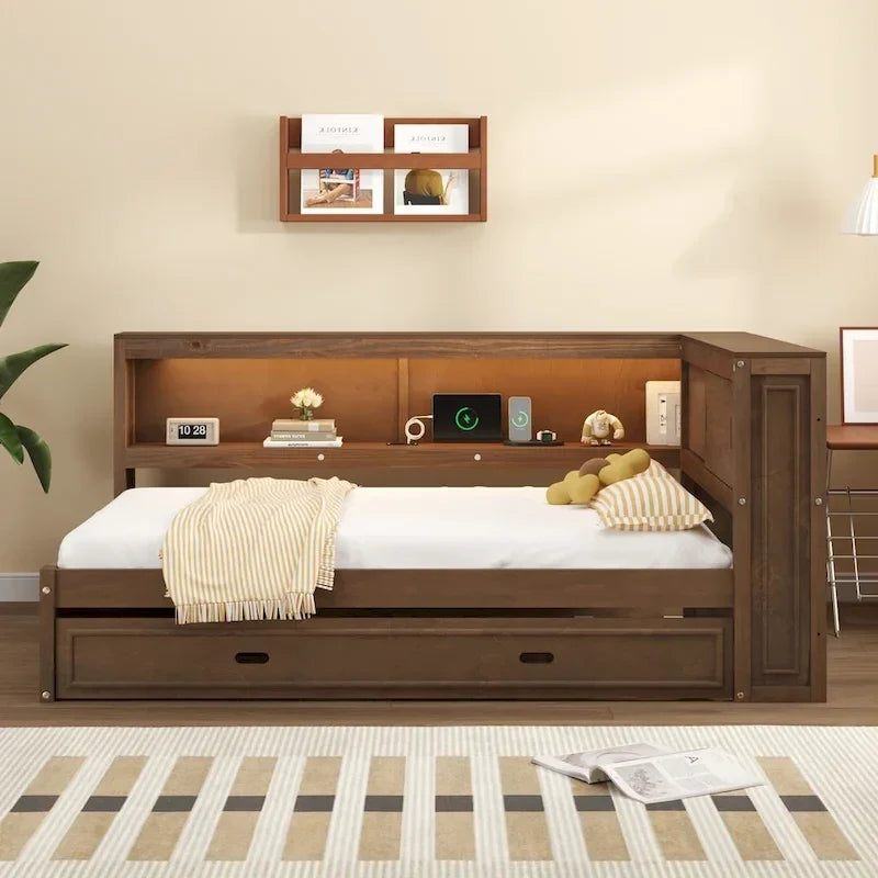 Lit de repos double avec étagères, chargement USB, lumières LED et lit gigogne simple