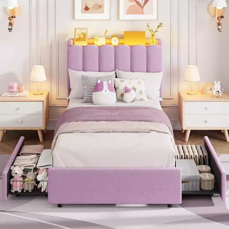 Bed frame with storage headboard, childrens bed frame with 2 drawers, fabric upholstered platform bed, contoured headboard with bookshelf