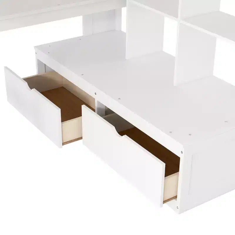 Full Size Loft Bed with Stairs and Desk, Wood Loft Beds Frame with Storage Drawers and Bookcase Shelves for Adults Teens Kids