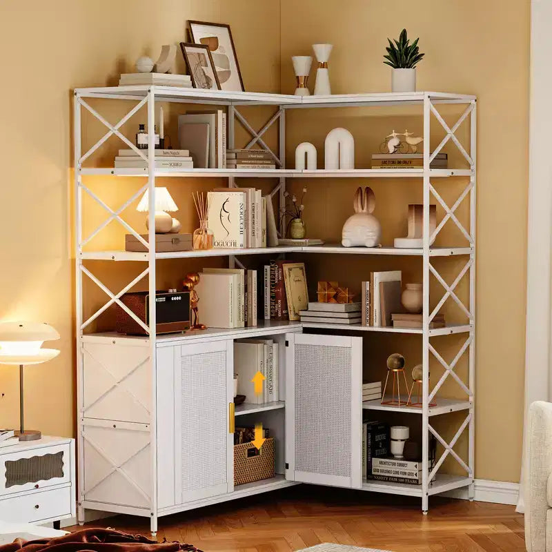 Corner Bookshelf - 6 Tier Corner Book Shelf with Storage, Farmhouse L Shaped Book-Shelf with Cabinet, Modern Industrial Bookcase for Home Office