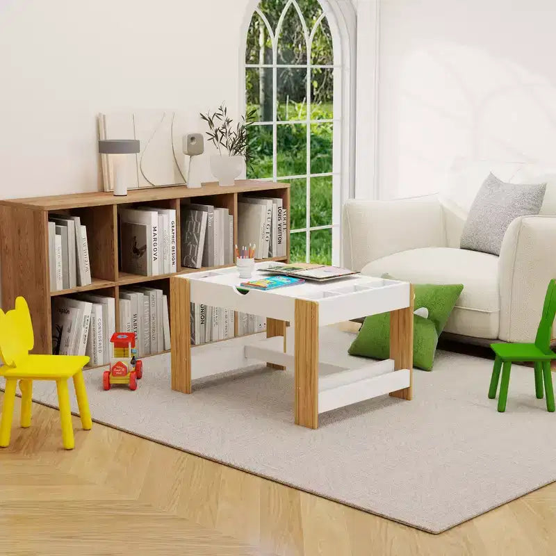 Kids 2-in-1 Activity Play Table with 7 Storage Compartments - LEGO Compatible Building Block & Whiteboard Table, White & Green