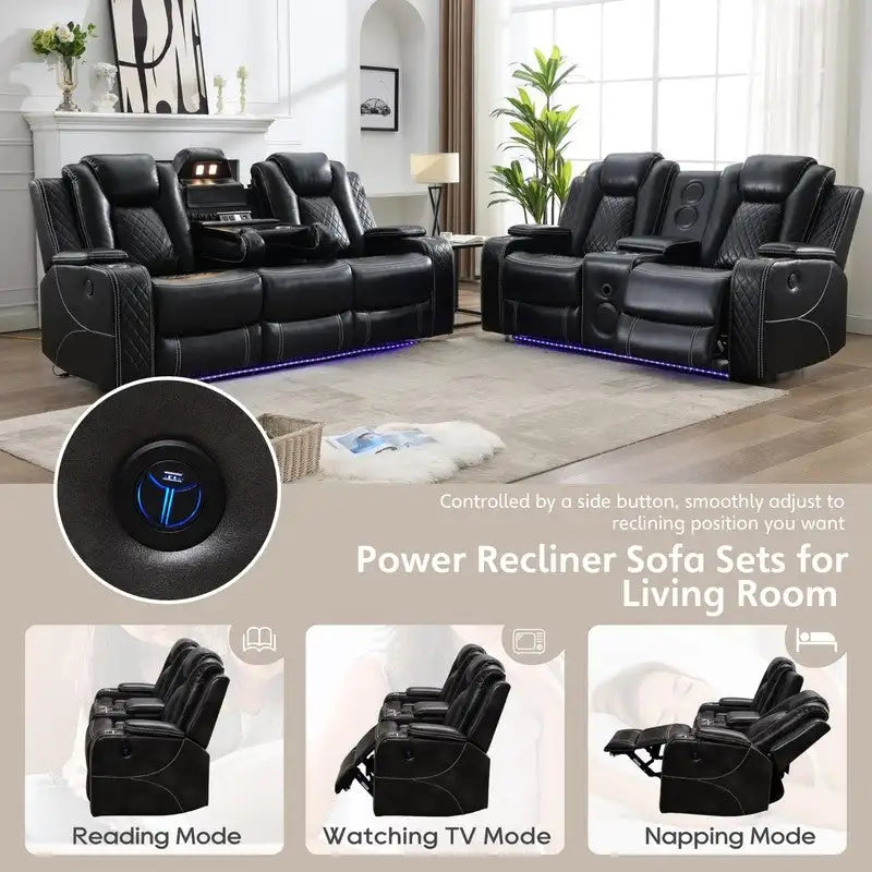 Power Reclining Sofa with Wireless Charger,Reading Light for Living Room,Faux Leather LED Light,AC/USB Port,Cup Holder,Black