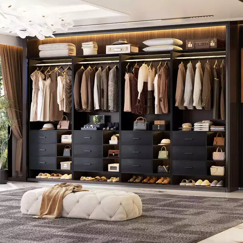 Besiost Set of 4 Closet Organizer with Wooden Drawers and Hanging Rods