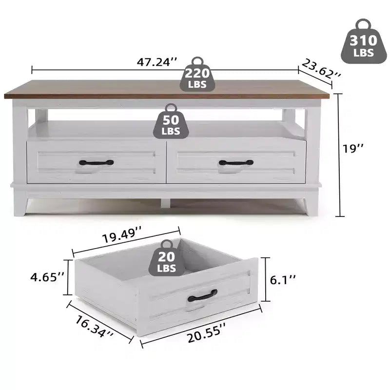 Farmhouse Coffee Table with Drawers, 47.2 Center Table Rustic Coffee Tables Brown Living Room Table, with Open Shelf and 6 Support Legs