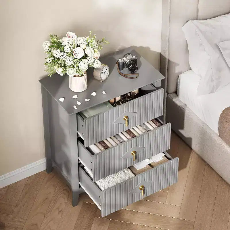 2Pcs Fluted Wood Nightstands, 27.5 Wide 3-Drawer Dresser Set, Modern Bedside Tables, Chest of Drawers for Bedroom, Living Room