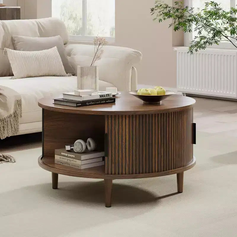 Table Basse Ronde avec Rangement NAYSAYE, Table Centrale Cannelée de 80 cm pour Salon, Table d'Appoint Circulaire Moderne en Noyer pour Petit Espace