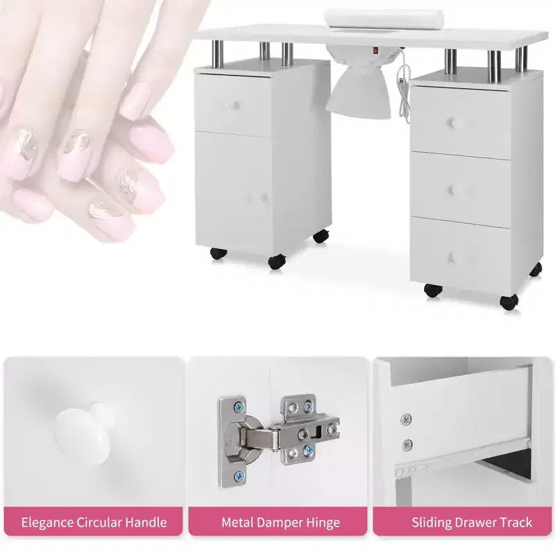 42.5 in. White MDF 3-Drawer Manicure Table Nail Desk with Storage, Doors, Electric Dust Collector