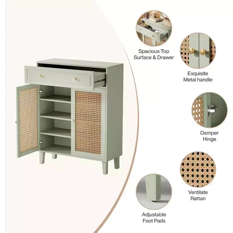 Lantine 6-Tier Modern Boho Shoe Cabinet with Doors, Drawer and Adjustable Shelf. Rattan design, mint green. Ideal for entryway, living room.