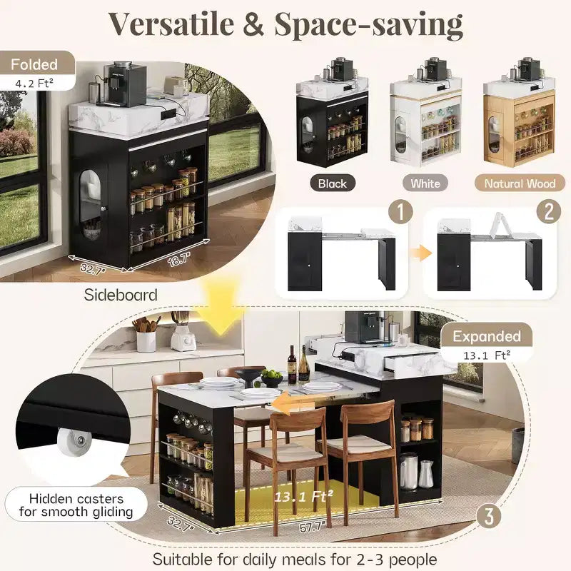 Whisen Extendable Dining Table, Mobile Rolling Island Table with 3 Removable Middle Leaves, Storage Cabinet