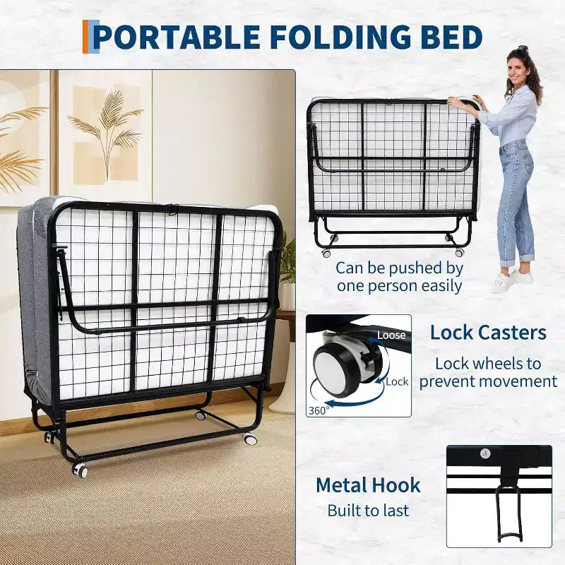 Lit pliant avec matelas pour adultes, lits d'appoint portables, lit pliant avec cadre en métal, matelas en mousse à mémoire de forme 5 et poche de rangement latérale