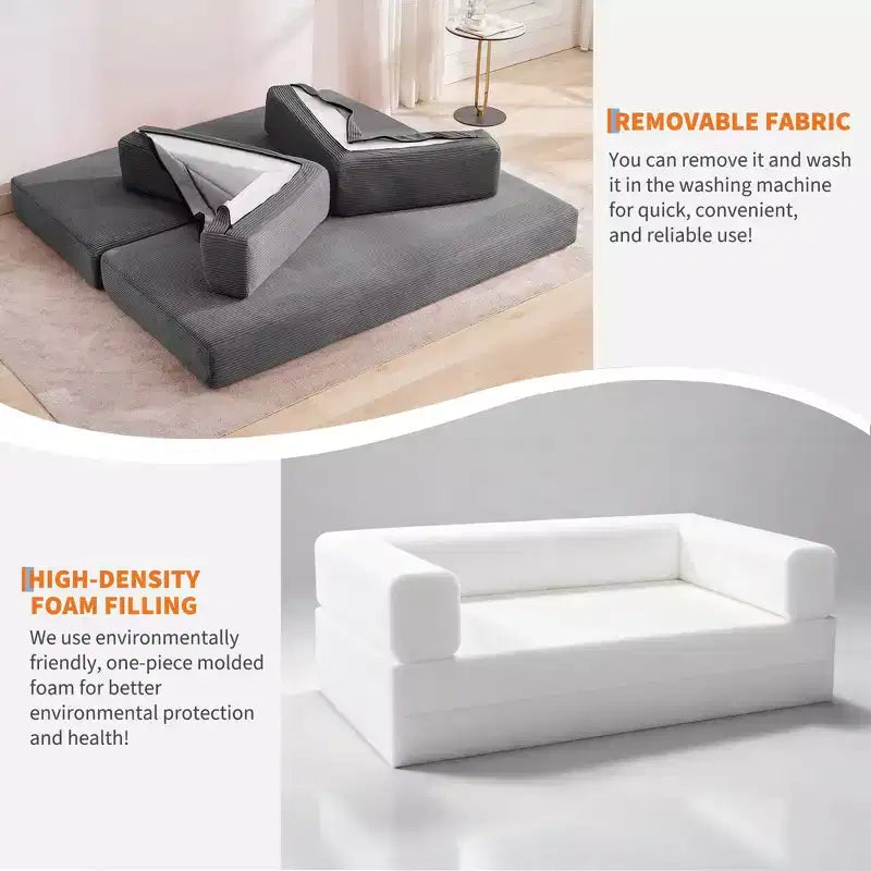 Modern 79 Corduroy Futon Sofa Bed for Small Spaces, 5-in-1 Convertible Sleeper Couch with Removable Armrests & Pillows