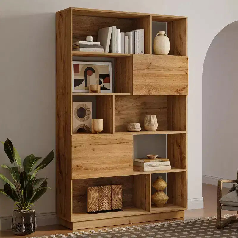 LuxenHome 68 Tall Bookcase with 8-Shelf and 2-Cabinet, 5-Tier Cube Unit Bookcase with Doors, Display Bookshelf with Storage for Living Room Brown