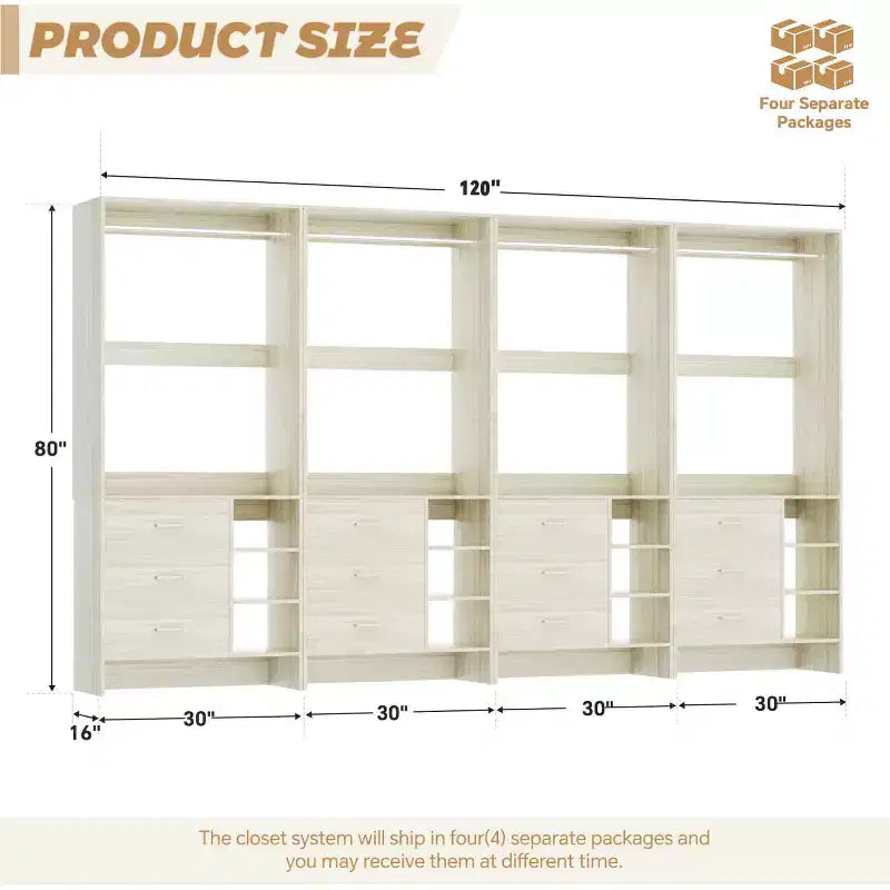 Besiost Set of 4 Closet Organizer with Wooden Drawers and Hanging Rods