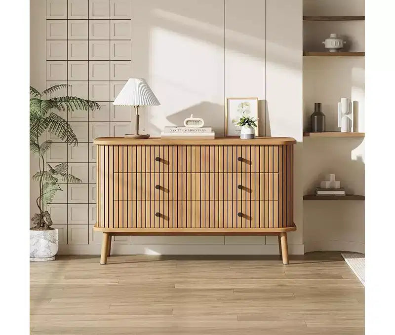 Dresser, 6 Drawer Horizontal Chest with Black Handles & Wooden Legs, Natural Wood Look