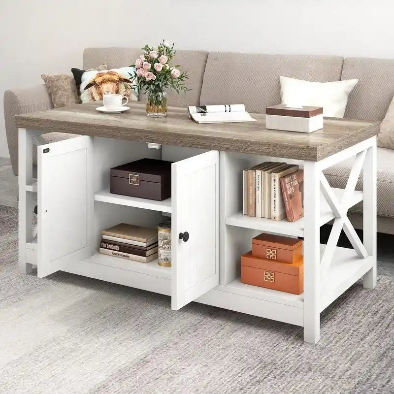 Farmhouse Wood Accent Coffee Table with Large Storage Shelf