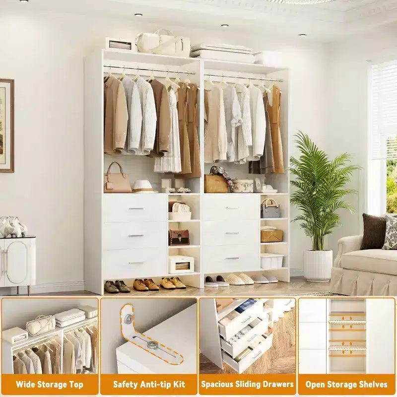 Besiost Set of 4 Closet Organizer with Wooden Drawers and Hanging Rods