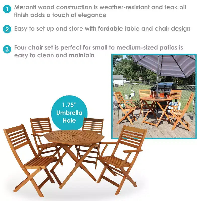 Sunnydaze Ensemble de salle à manger pliant 5 pièces pour patio en bois de Meranti avec finition à l'huile de teck - Marron