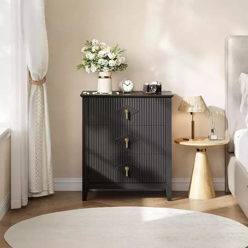 2Pcs Fluted Wood Nightstands, 27.5 Wide 3-Drawer Dresser Set, Modern Bedside Tables, Chest of Drawers for Bedroom, Living Room
