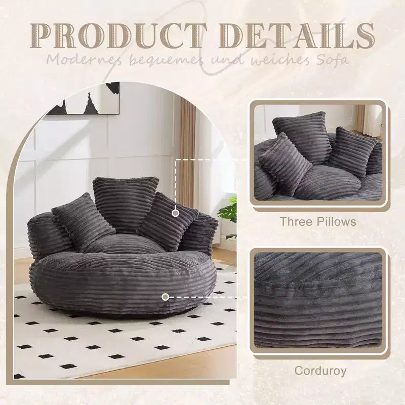 Bean Bag Sofa for Adults Kids, Oversized Corduroy Bean Bag Chair with 3 Pillows & Armrest for Living Room Bedroom