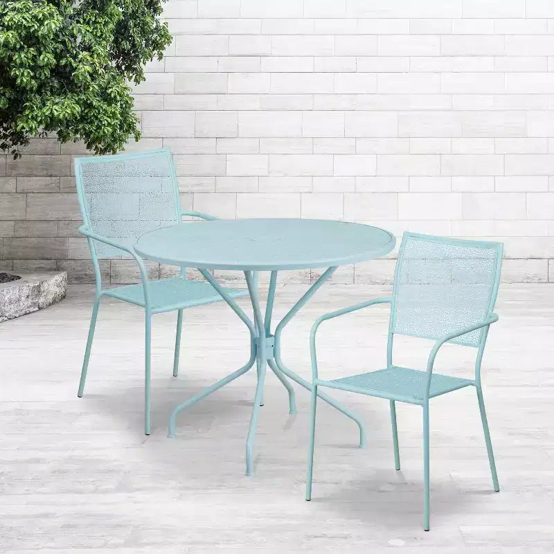 Flash Furniture Oia Commercial Grade 35.25 Round Indoor-Outdoor Steel Patio Table Set with 2 Square Back Chairs