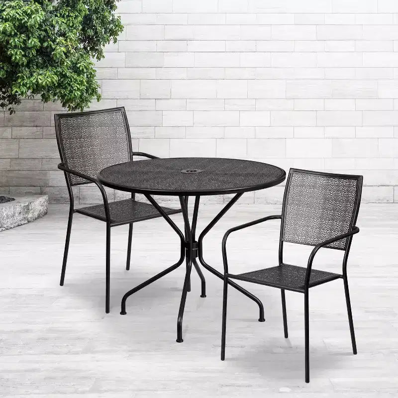Flash Furniture Oia Commercial Grade 35.25 Round Indoor-Outdoor Steel Patio Table Set with 2 Square Back Chairs