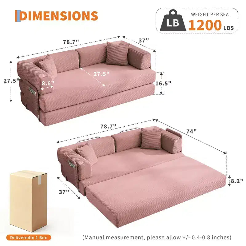 Modern 79 Corduroy Futon Sofa Bed for Small Spaces, 5-in-1 Convertible Sleeper Couch with Removable Armrests & Pillows