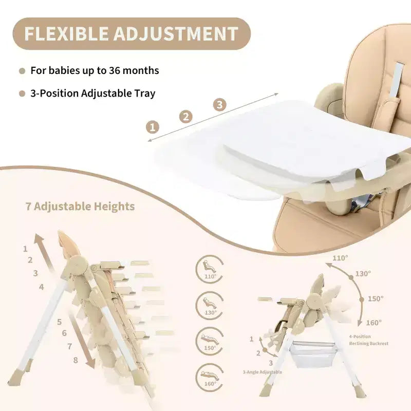 Foldable High Chair for Babies&Toddlers,PU Leather Highchair with Adjustable Backrest,Seat Height,Removable Tray,5-Point Safety Harness&Locking Wheels