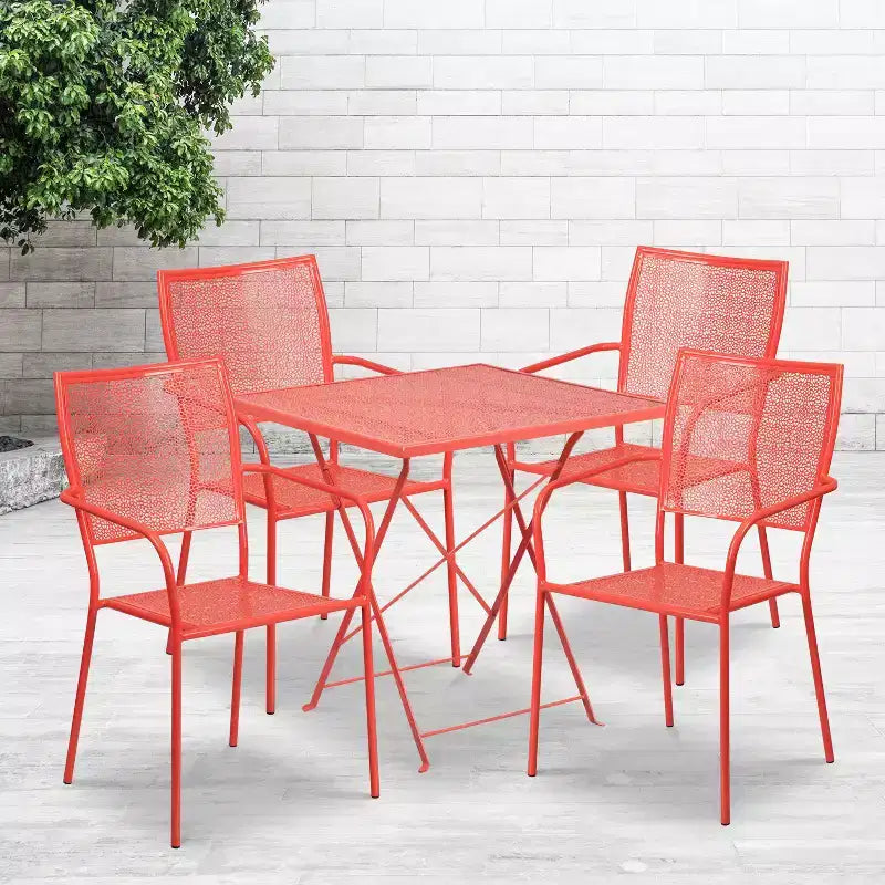 Emma and Oliver Commercial 28 Square Metal Folding Patio Table Set w/ 4 Square Back Chairs