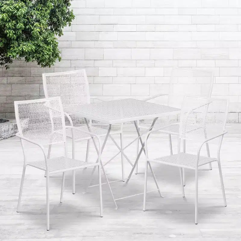 Emma and Oliver Commercial 28 Square Metal Folding Patio Table Set w/ 4 Square Back Chairs