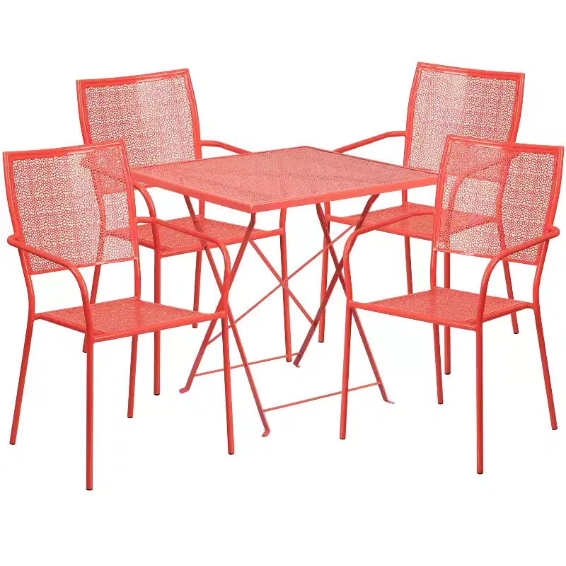 Emma and Oliver Commercial 28 Square Metal Folding Patio Table Set w/ 4 Square Back Chairs