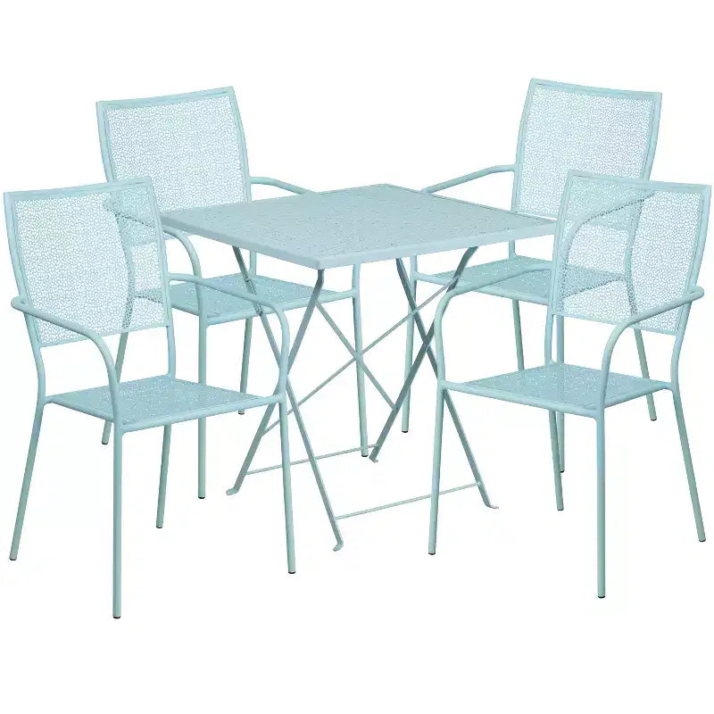 Emma and Oliver Commercial 28 Square Metal Folding Patio Table Set w/ 4 Square Back Chairs